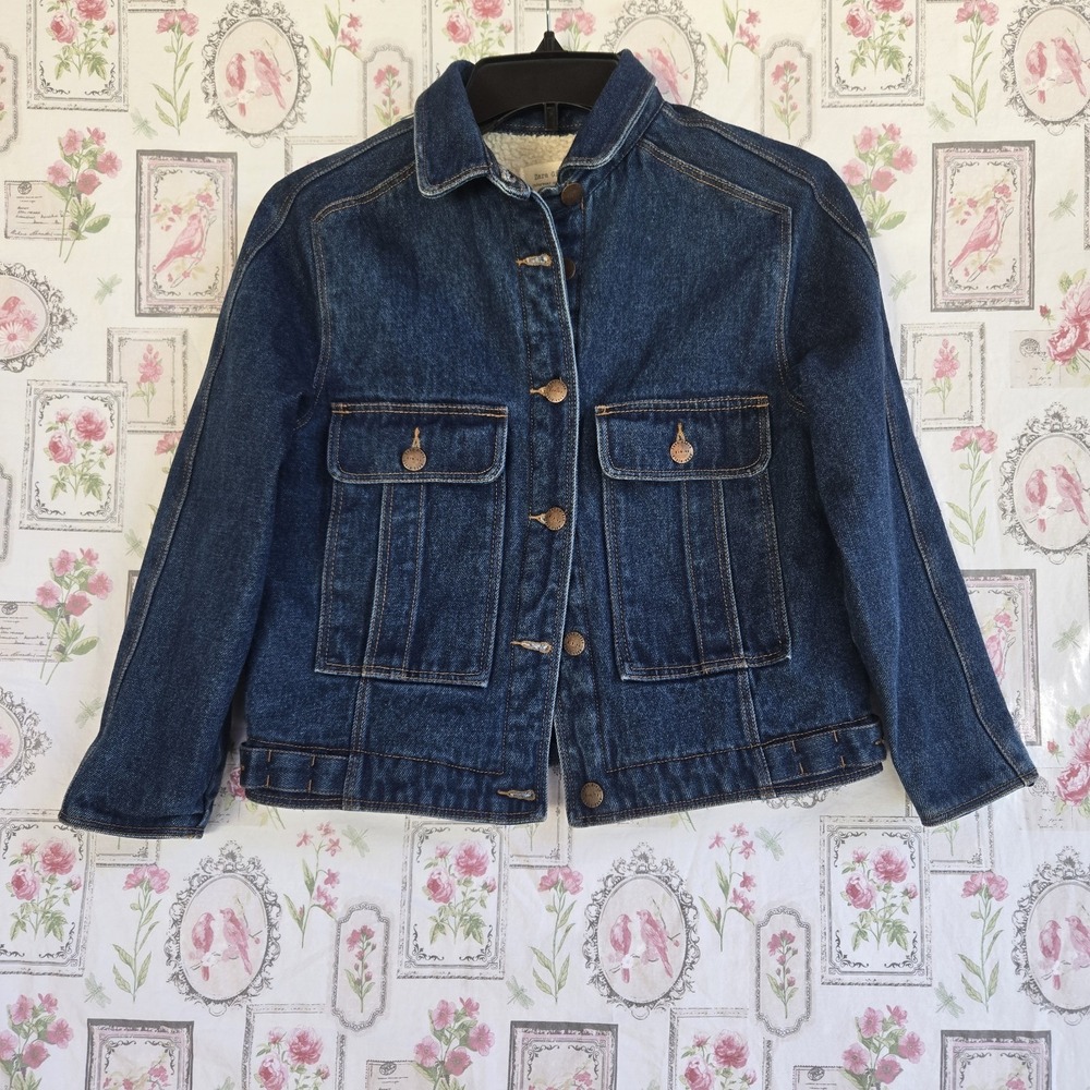 Zara Girls Blue Denim Jacket Shearling Fleece Lined Collared Button Front Sz 10